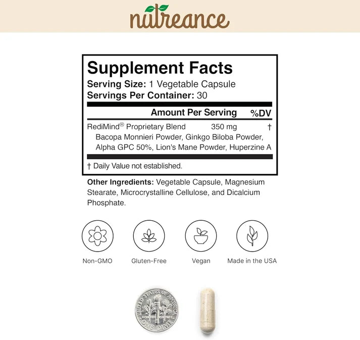 RediMind – Natural Brain Booster & Memory Support (Vegan, 30 Capsules)