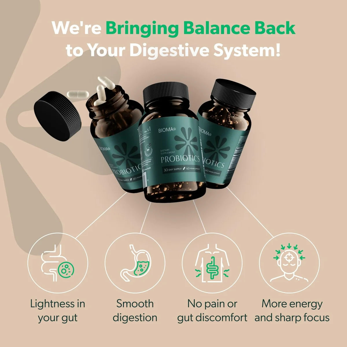 Bioma Probiotics for Digestive Health 3-in-1 Gut Health Formula 60 Capsules