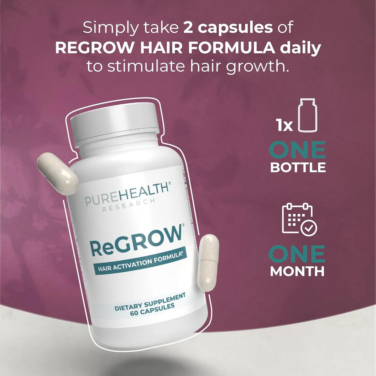 PUREHEALTH RESEARCH ReGrow Hair Growth Vitamins – Biotin, Saw Palmetto & Collagen – 60 Capsules