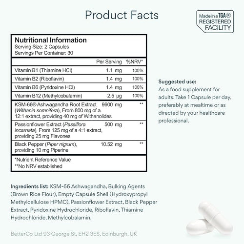 Bettervits Organic KSM-66 Ashwagandha 800mg Supplement 60 Capsules