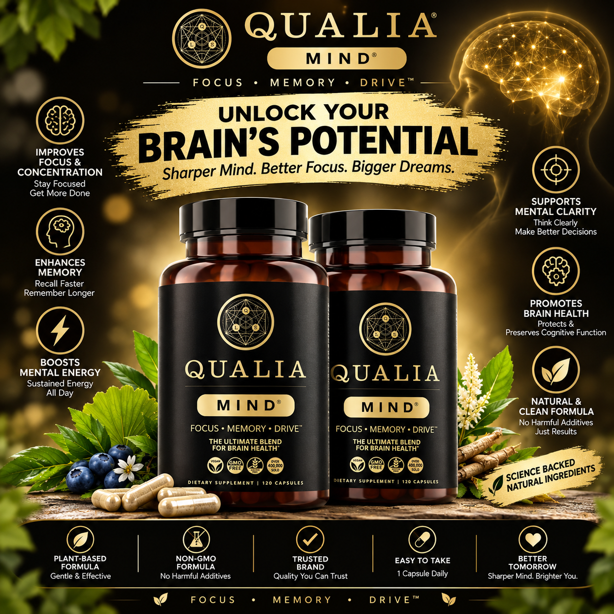 Qualia Mind Caffeine Free Focus Memory Ultimate Blend For Brain Health 120 Caps