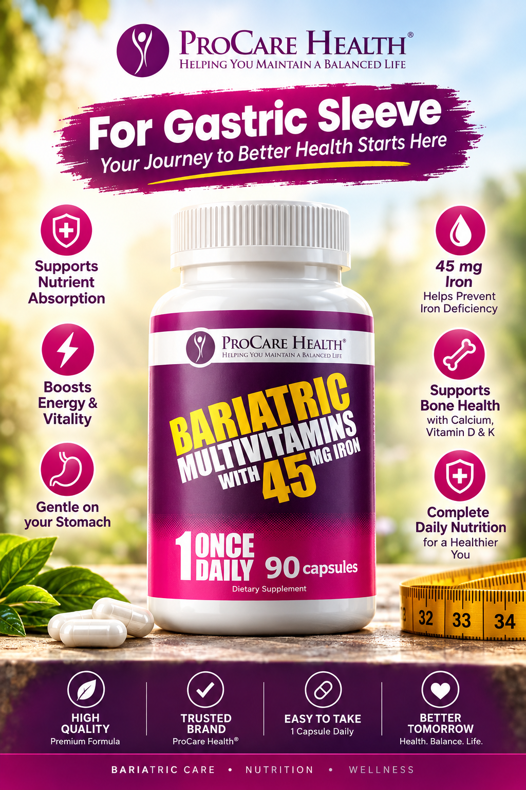 ProCare Health Bariatric Multivitamin 45mg Iron – Once Daily Capsule for Gastric Bypass, Sleeve & Post-Op Support – 90 Easy-to-Swallow Capsules, 3-Month Supply, No Artificial Colors, Gluten-Free