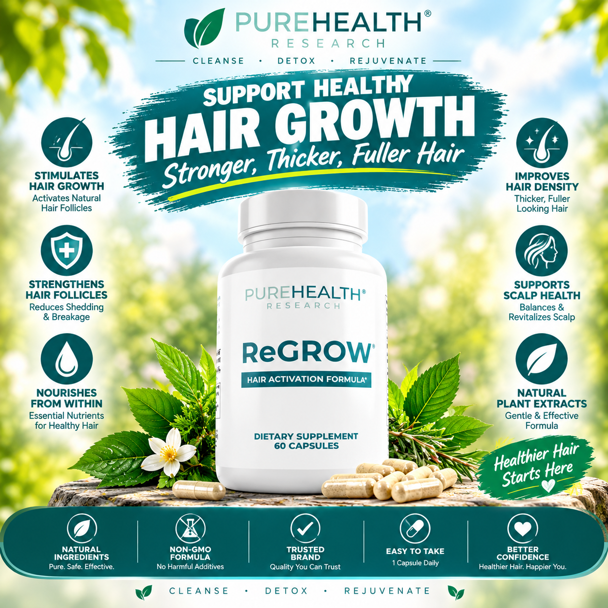 PUREHEALTH RESEARCH ReGrow Hair Growth Vitamins – Biotin, Saw Palmetto & Collagen – 60 Capsules
