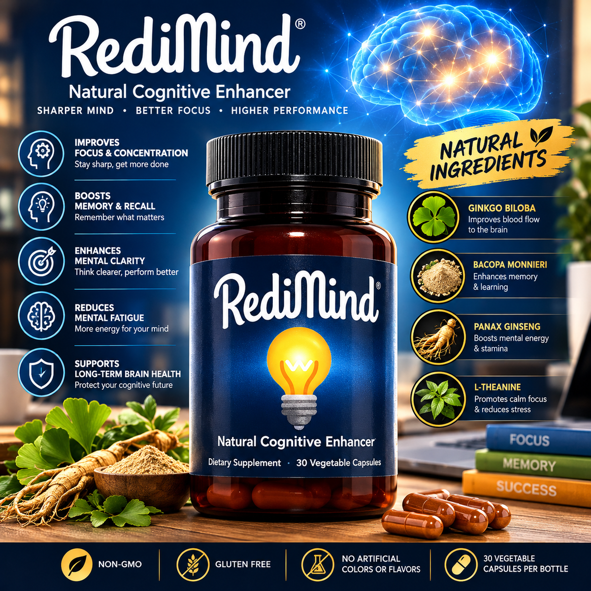 Natural Cognitive Enhancement Supplement Capsule - Non-GMO, Vegan, Gluten-Free