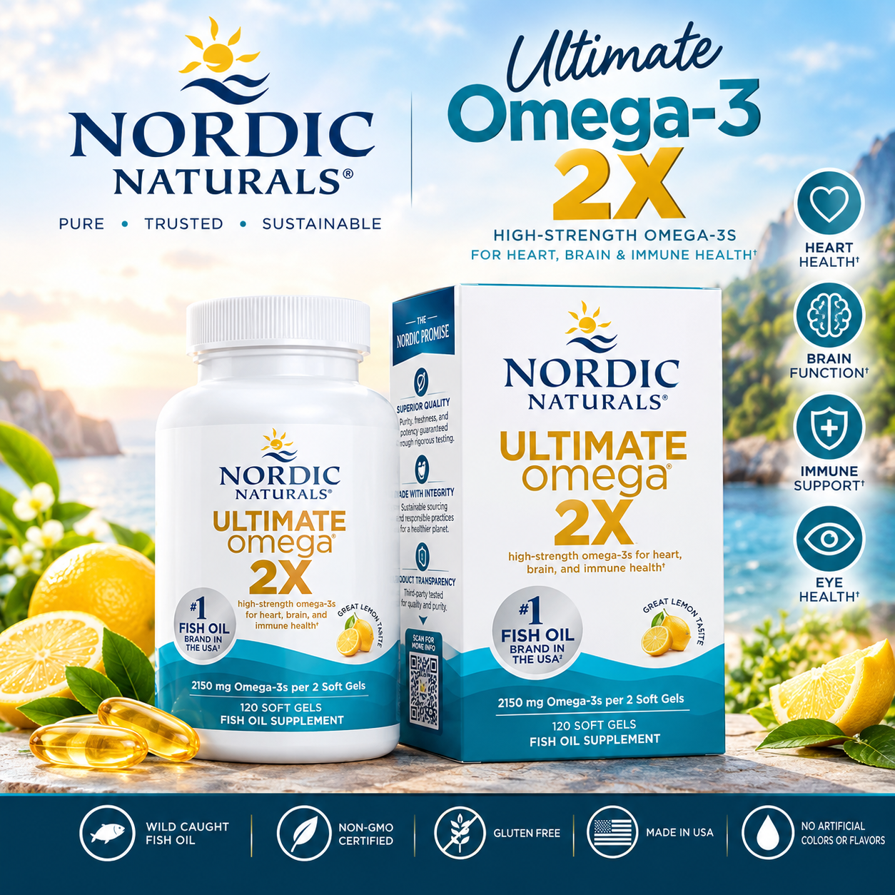 Nordic Naturals Ultimate Omega 2X – High-Potency Fish Oil | 2150 mg EPA & DHA | Lemon Flavor, 120 Softgels