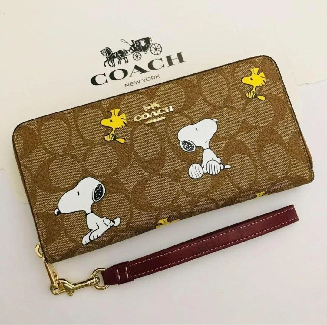COACH x Peanuts Snoopy Woodstock Long Zip Around Wallet Signature Khaki